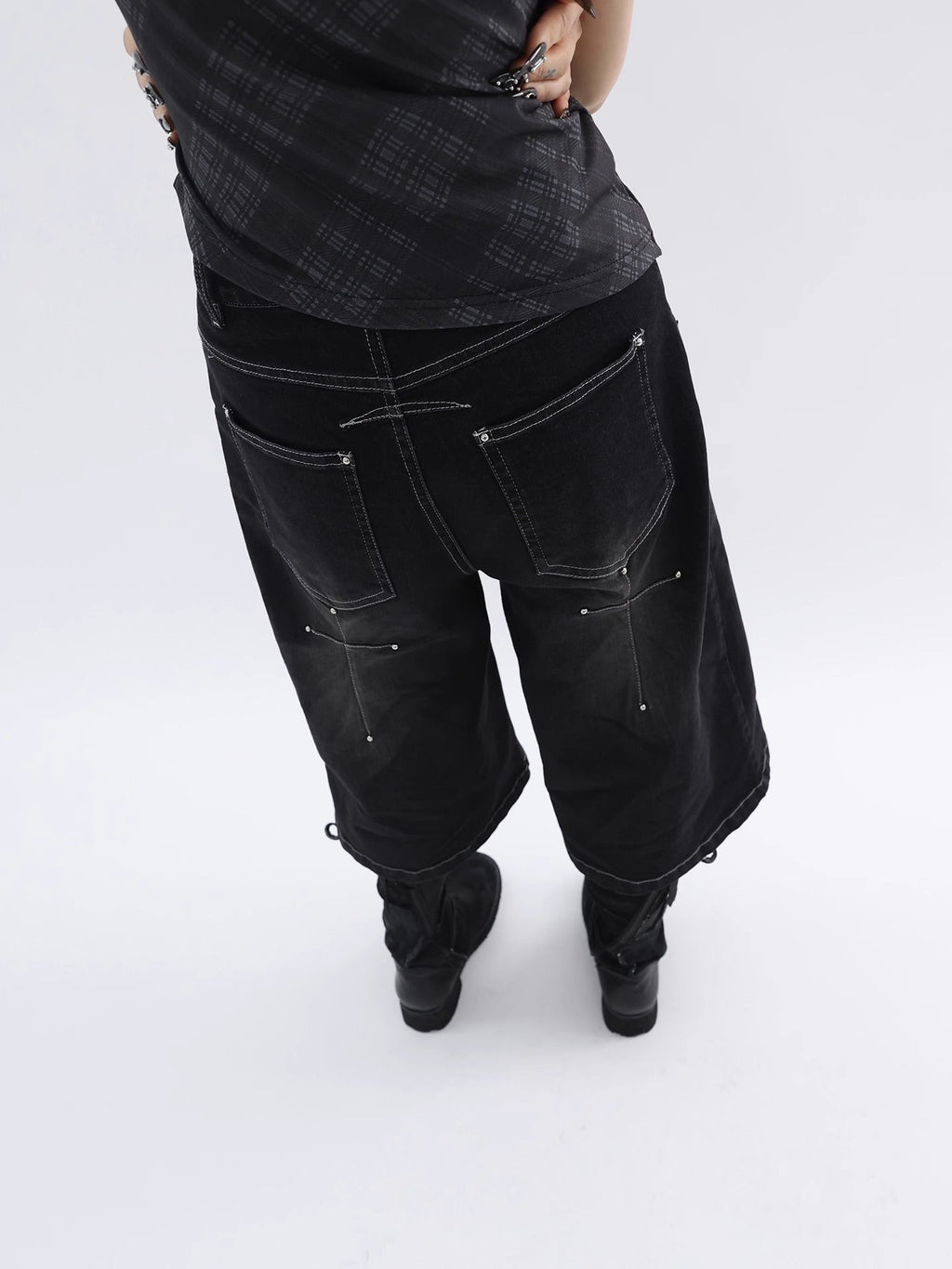 FUZZYKON | Washed Black Cross Stitch Punk Style Short Pants [ID:]