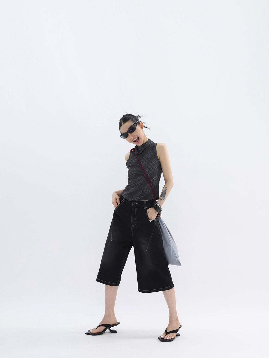 FUZZYKON | Washed Black Cross Stitch Punk Style Short Pants [ID:]