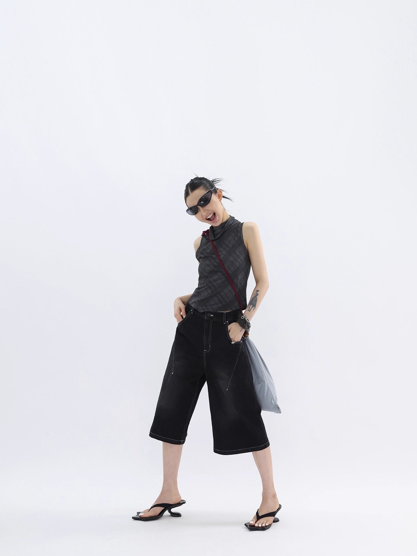 FUZZYKON | Washed Black Cross Stitch Punk Style Short Pants [ID:]