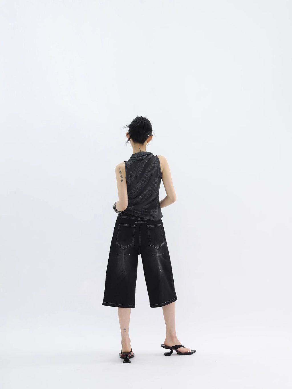 FUZZYKON | Washed Black Cross Stitch Punk Style Short Pants [ID:]