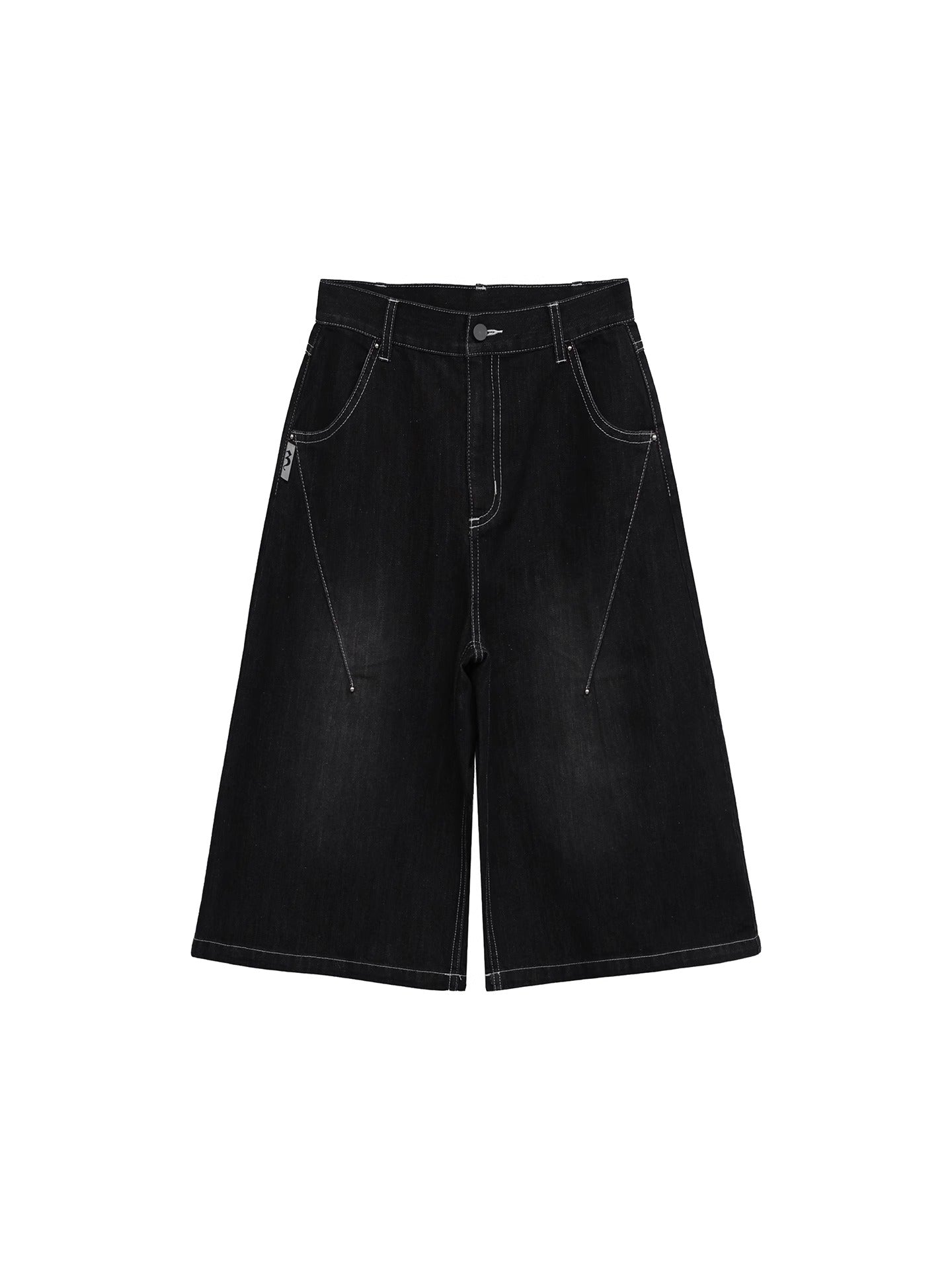 FUZZYKON | Washed Black Cross Stitch Punk Style Short Pants [ID:]