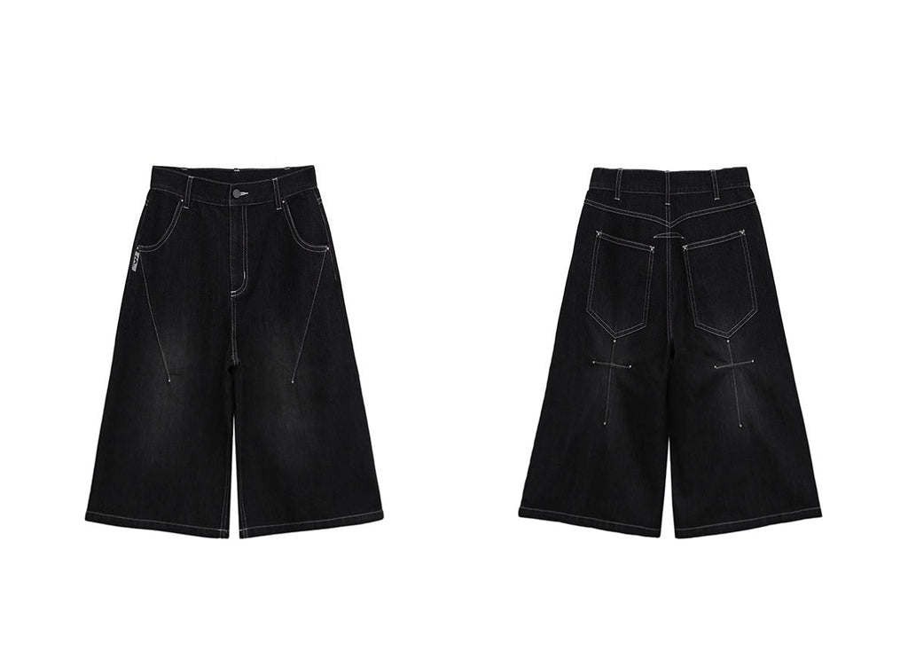 FUZZYKON | Washed Black Cross Stitch Punk Style Short Pants [ID:]