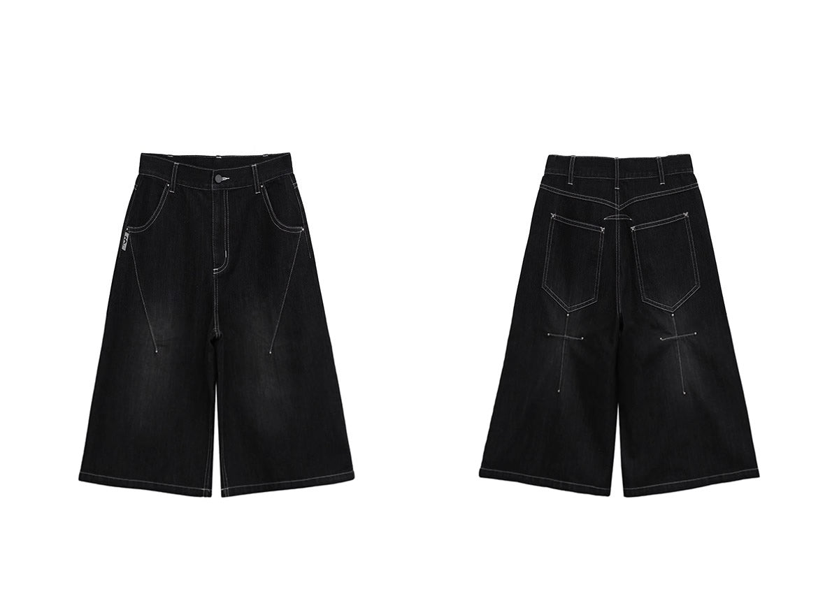 FUZZYKON | Washed Black Cross Stitch Punk Style Short Pants [ID:]