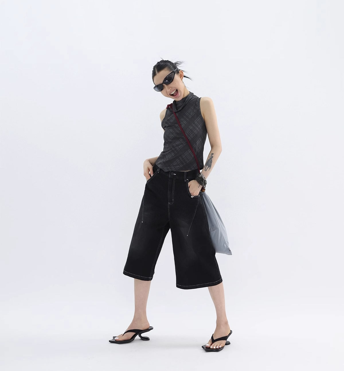 FUZZYKON | Washed Black Cross Stitch Punk Style Short Pants [ID:]
