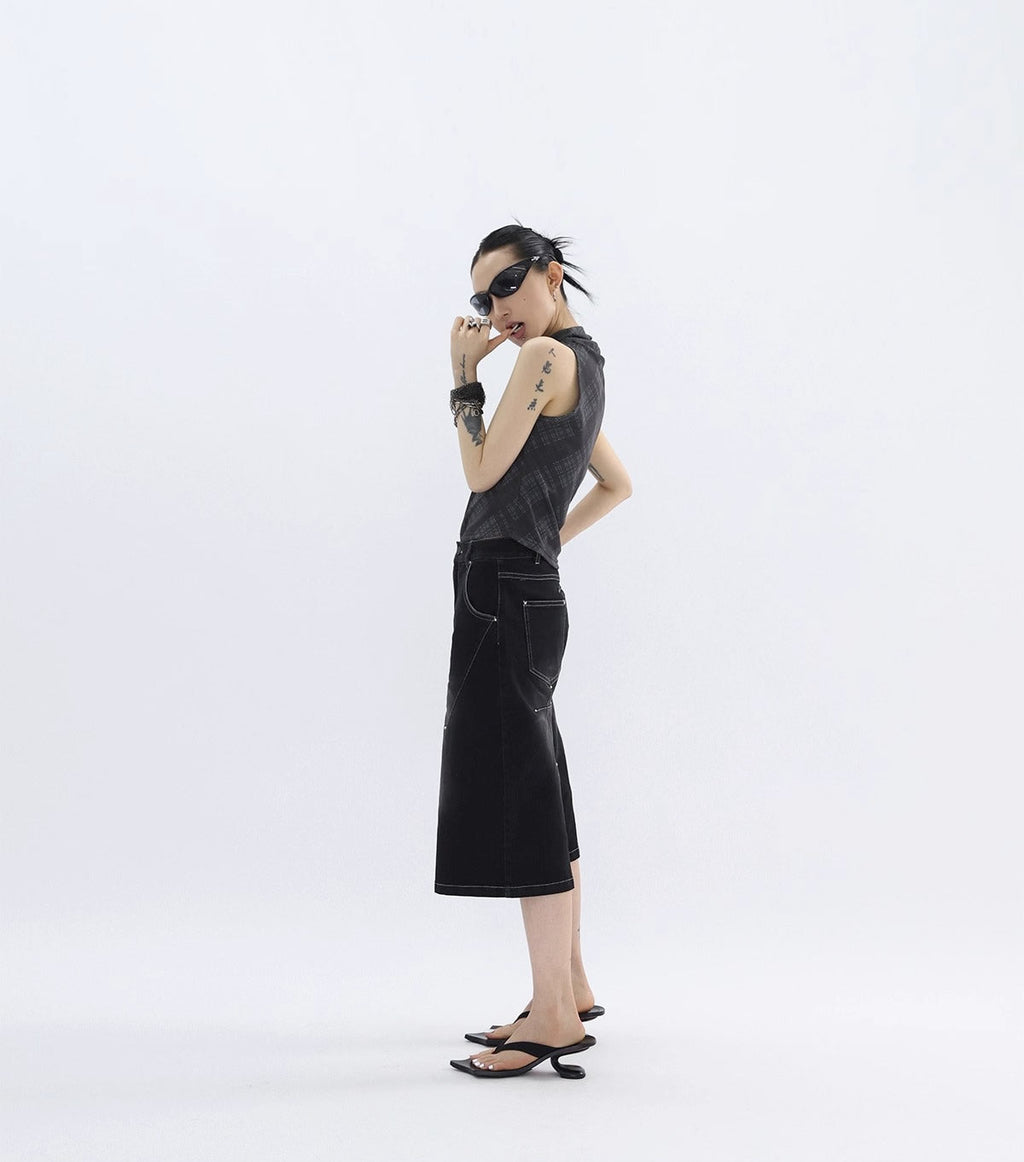 FUZZYKON | Washed Black Cross Stitch Punk Style Short Pants [ID:]