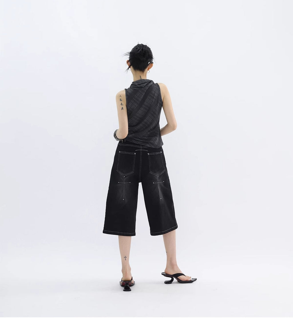 FUZZYKON | Washed Black Cross Stitch Punk Style Short Pants [ID:]