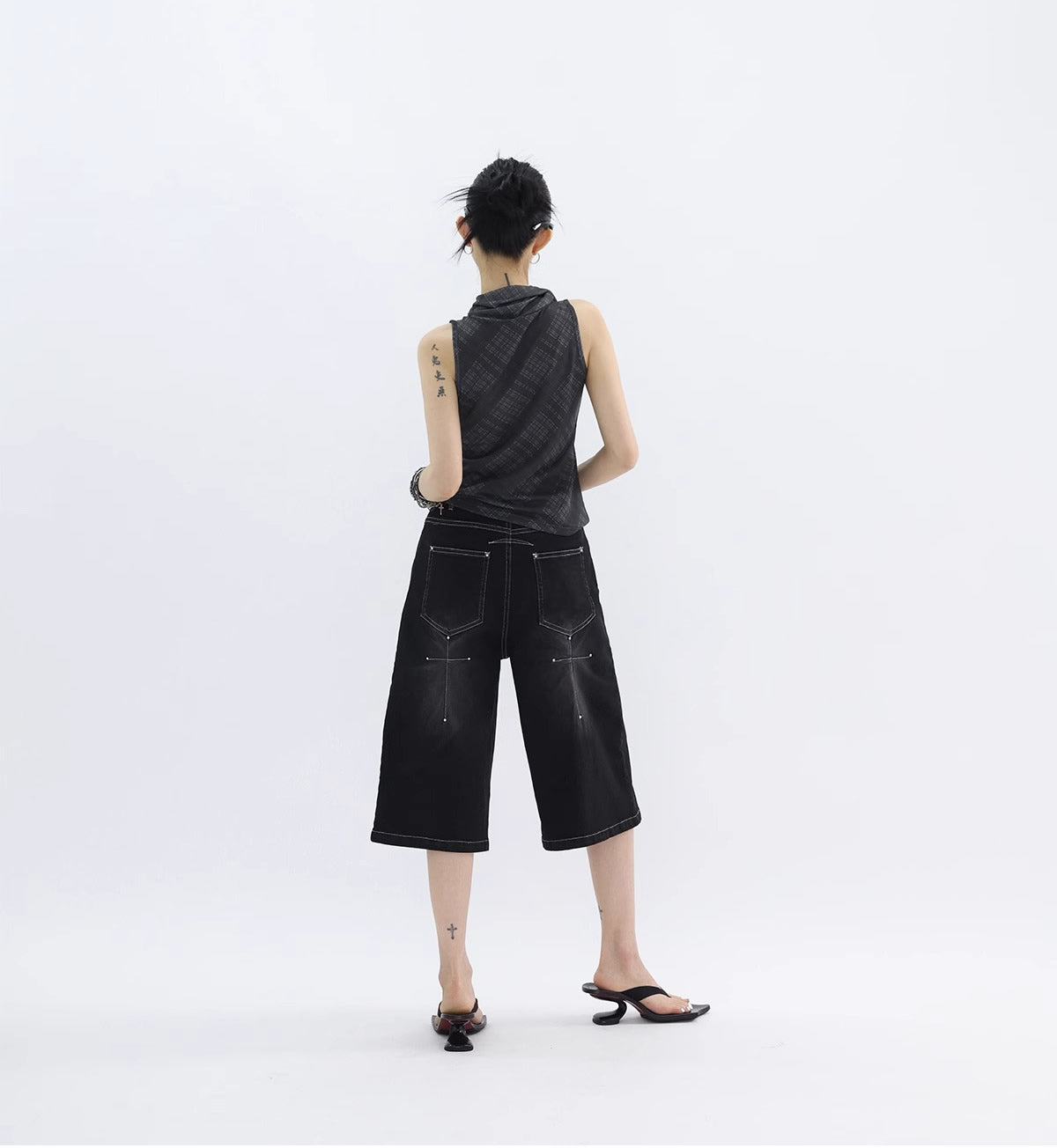 FUZZYKON | Washed Black Cross Stitch Punk Style Short Pants [ID:]