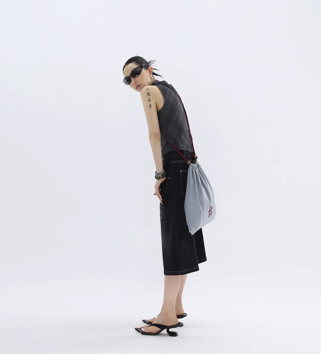 FUZZYKON | Washed Black Cross Stitch Punk Style Short Pants [ID:]
