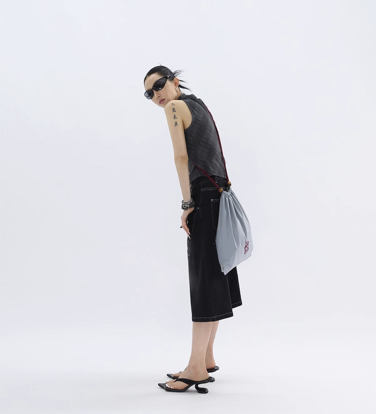 FUZZYKON | Washed Black Cross Stitch Punk Style Short Pants [ID:]
