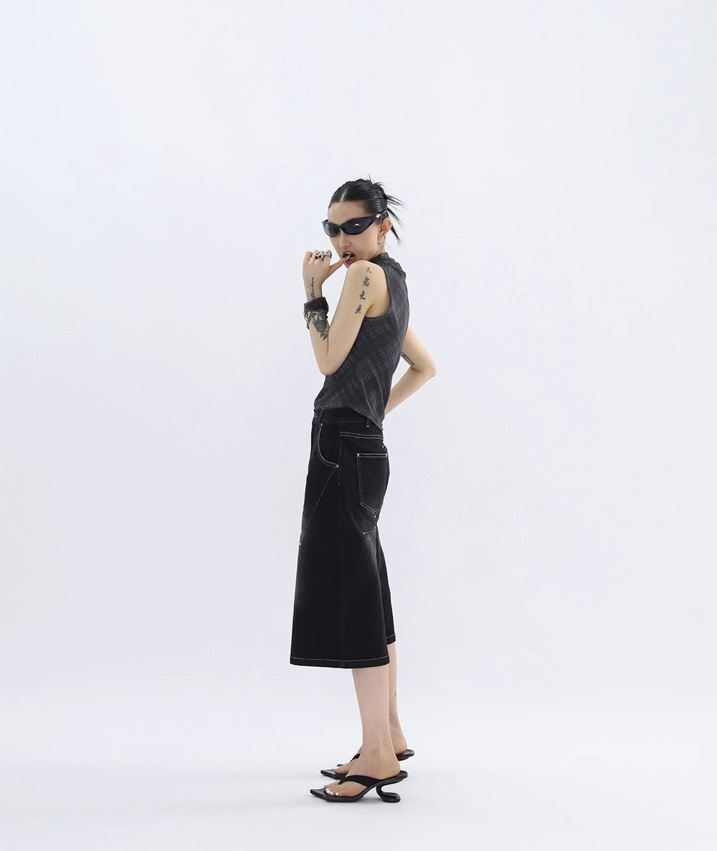 FUZZYKON | Washed Black Cross Stitch Punk Style Short Pants [ID:]