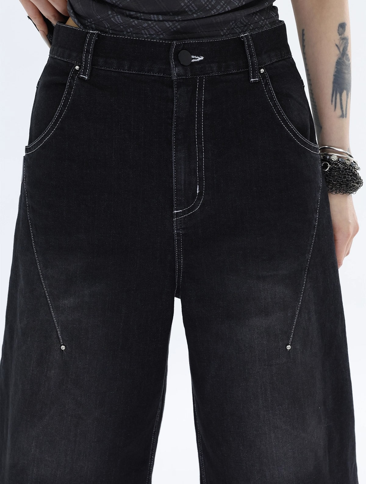 FUZZYKON | Washed Black Cross Stitch Punk Style Short Pants [ID:]
