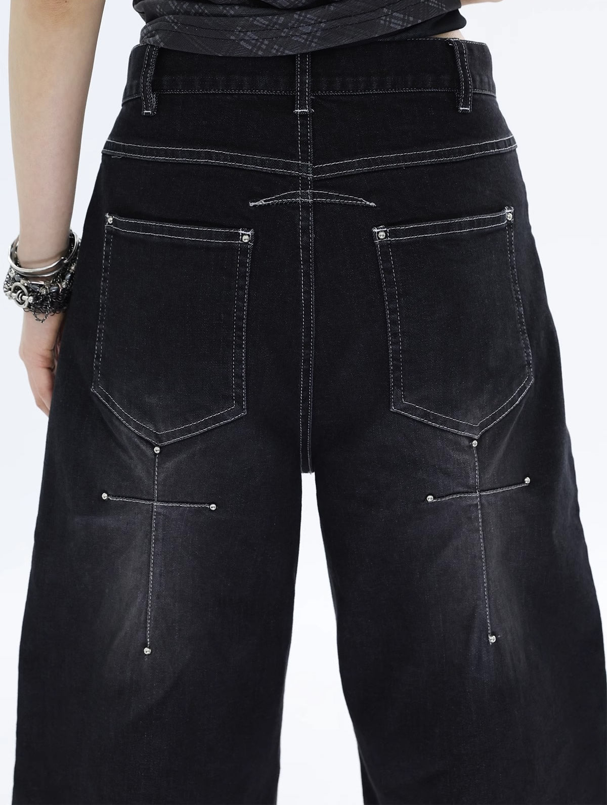 FUZZYKON | Washed Black Cross Stitch Punk Style Short Pants [ID:]