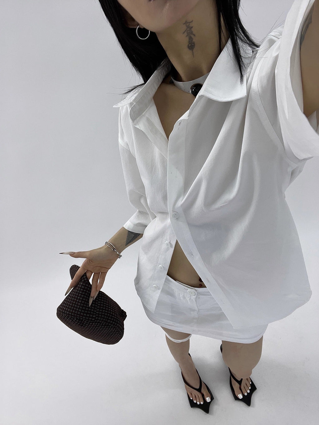 FUZZYKON | Minimalist Buttoned Waist Tencel Cotton Shirt Skirt [ID:]