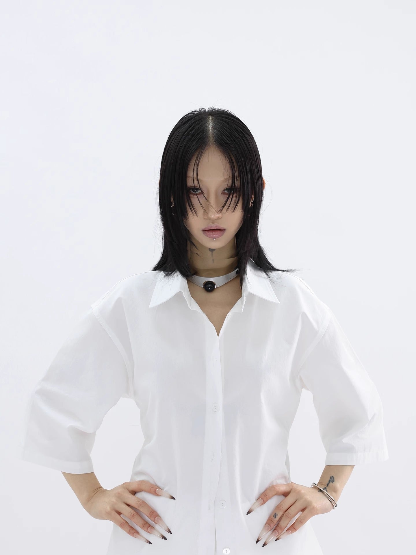 FUZZYKON | Minimalist Buttoned Waist Tencel Cotton Shirt Skirt [ID:]