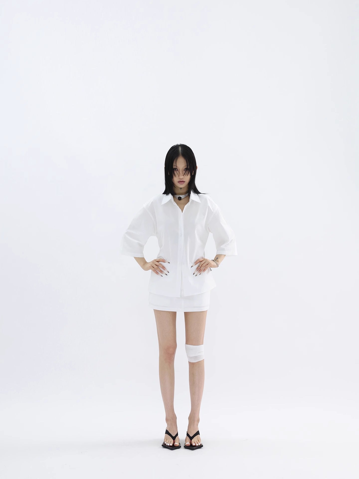 FUZZYKON | Minimalist Buttoned Waist Tencel Cotton Shirt Skirt [ID:]