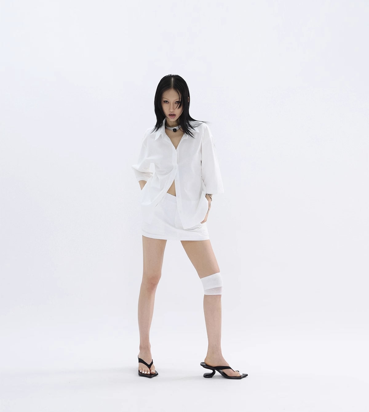FUZZYKON | Minimalist Buttoned Waist Tencel Cotton Shirt Skirt [ID:]