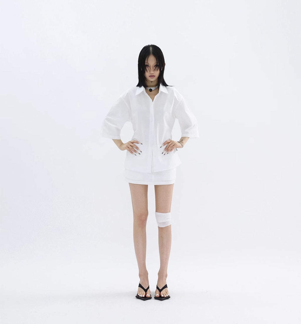 FUZZYKON | Minimalist Buttoned Waist Tencel Cotton Shirt Skirt [ID:]
