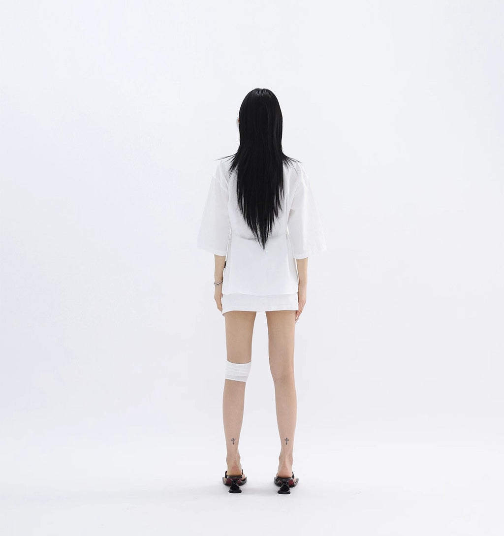 FUZZYKON | Minimalist Buttoned Waist Tencel Cotton Shirt Skirt [ID:]