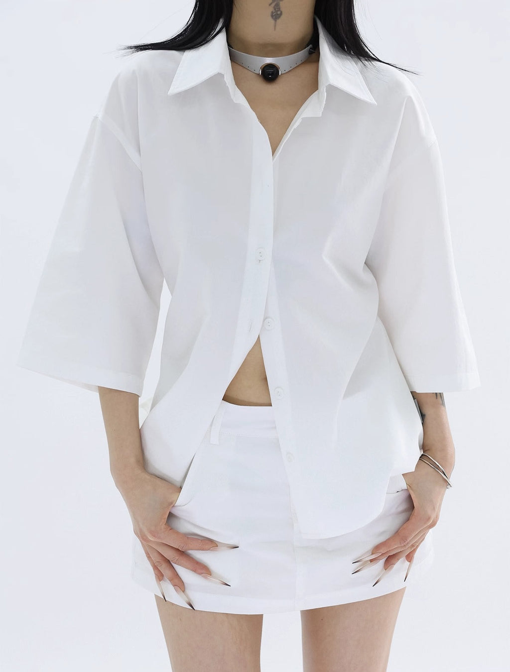 FUZZYKON | Minimalist Buttoned Waist Tencel Cotton Shirt Skirt [ID:]