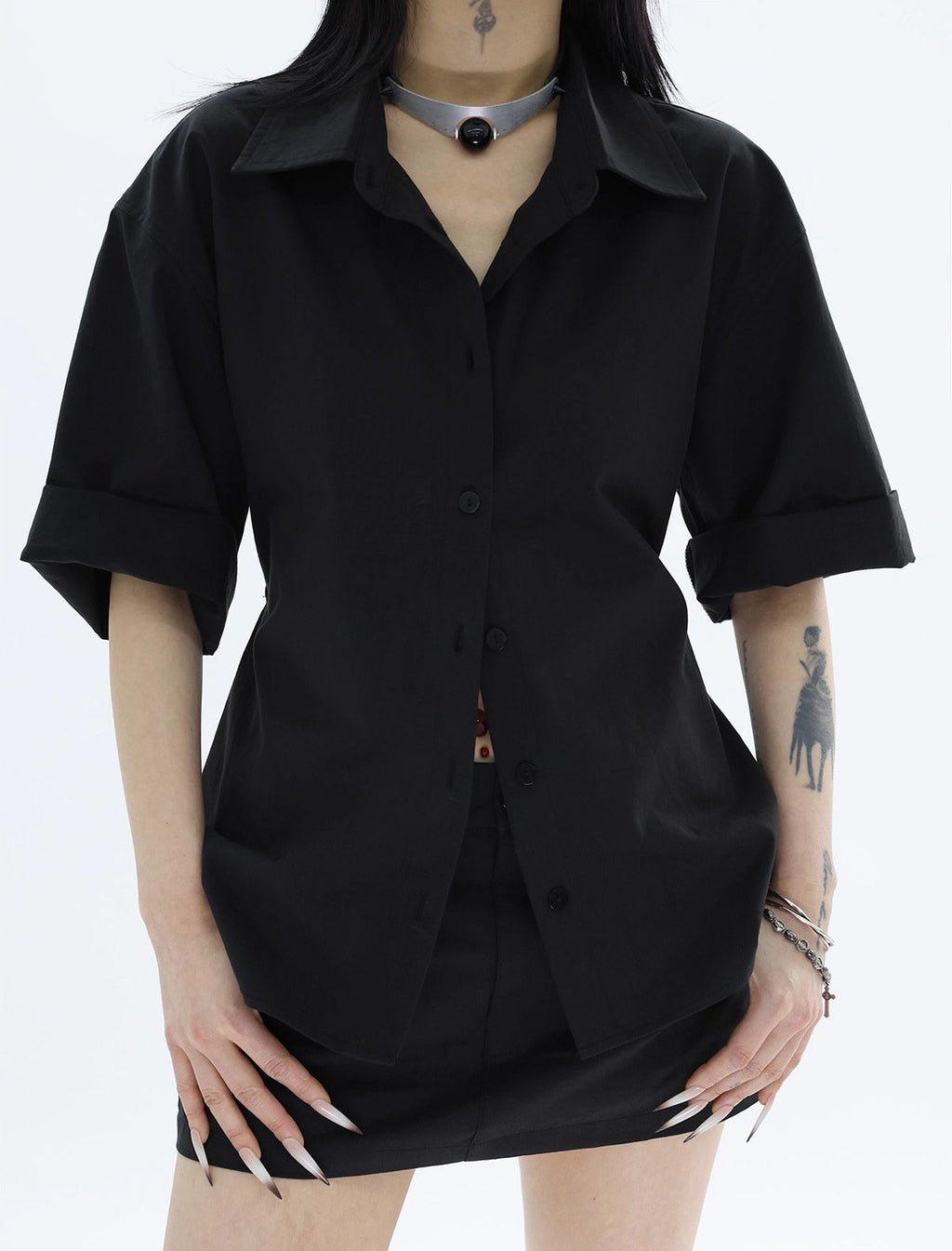 FUZZYKON | Minimalist Buttoned Waist Tencel Cotton Shirt Skirt [ID:]