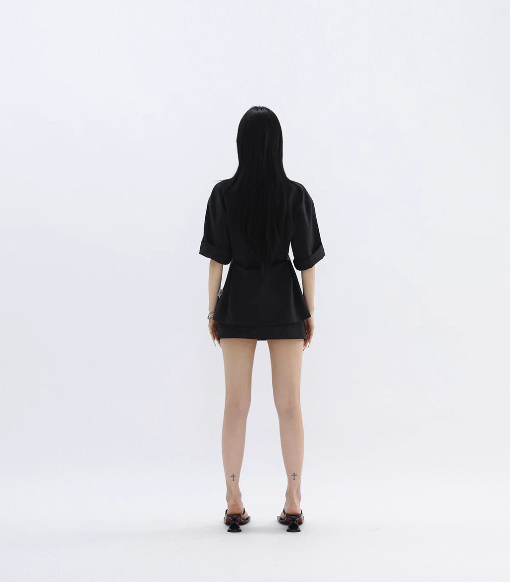 FUZZYKON | Minimalist Buttoned Waist Tencel Cotton Shirt Skirt [ID:]