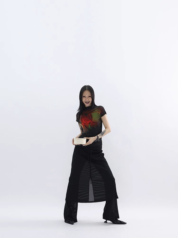 FUZZYKON | Lily Flame Grid Pleated Stretch Mock Neck T-Shirt [ID:]