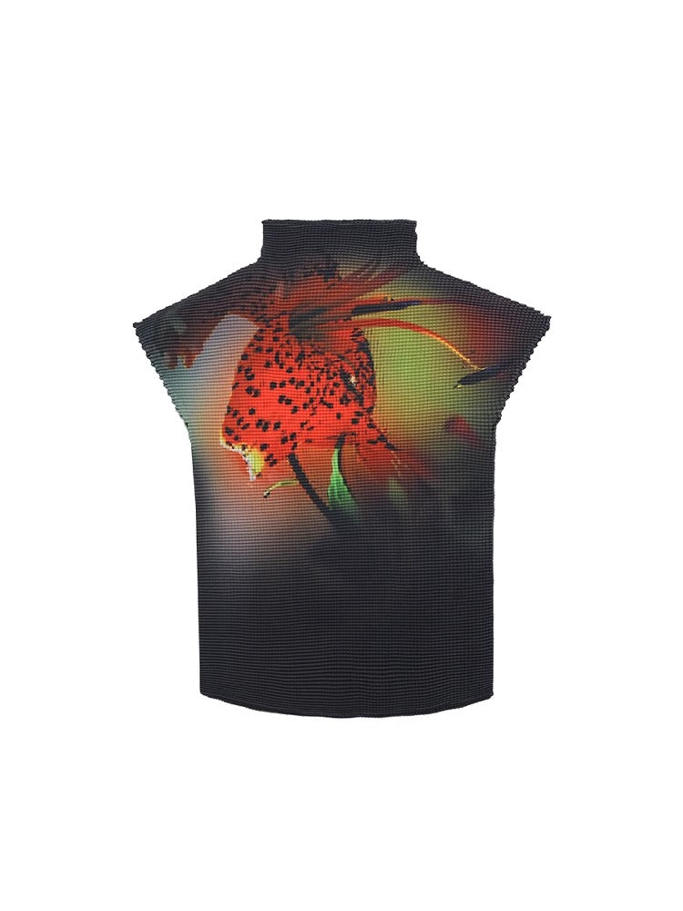 FUZZYKON | Lily Flame Grid Pleated Stretch Mock Neck T-Shirt [ID:]