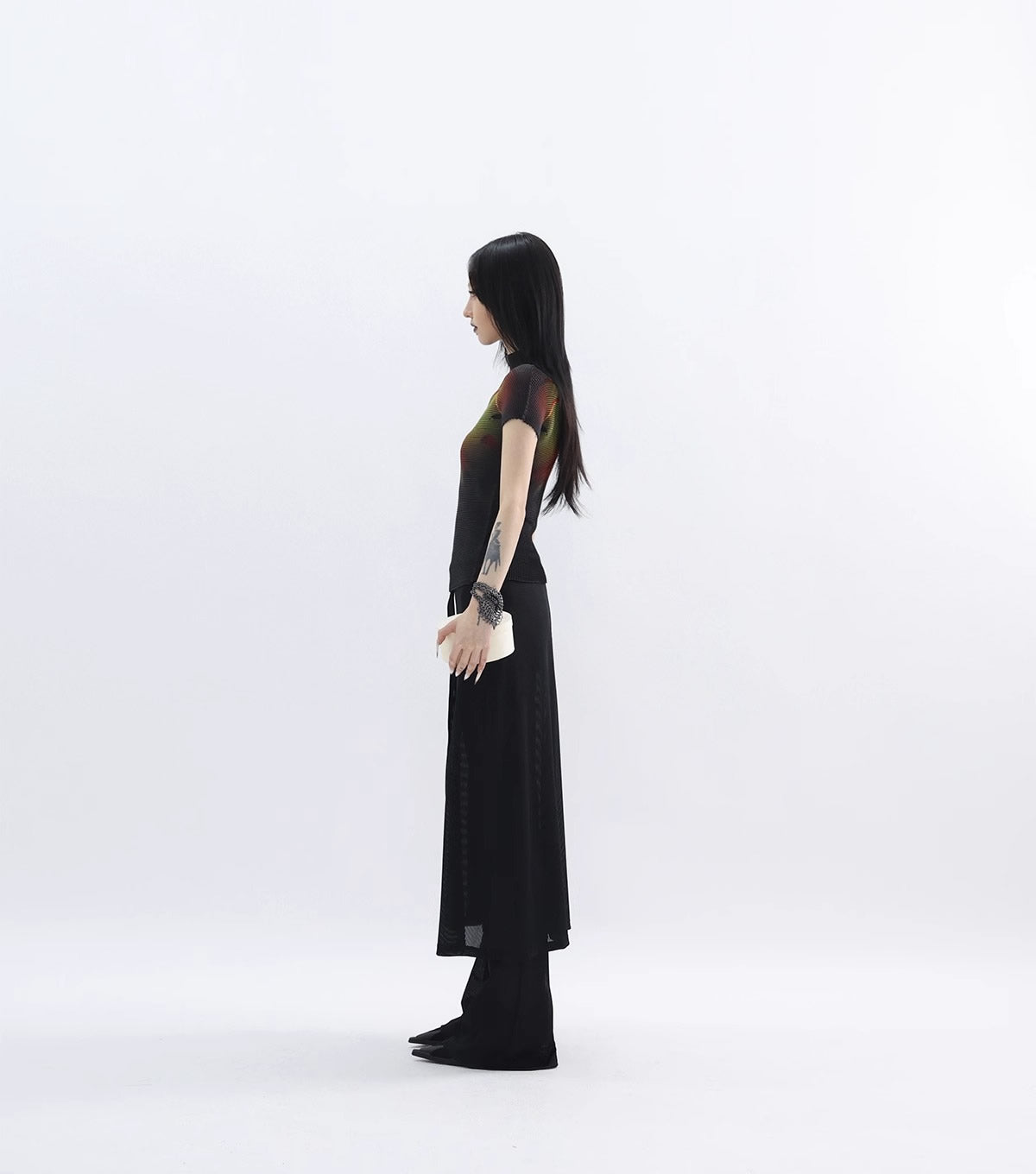 FUZZYKON | Lily Flame Grid Pleated Stretch Mock Neck T-Shirt [ID:]
