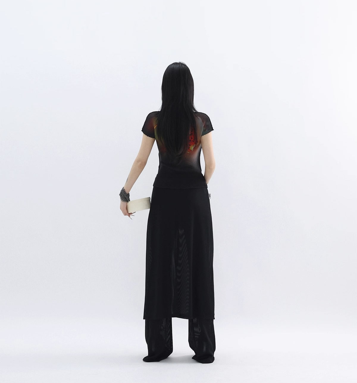 FUZZYKON | Lily Flame Grid Pleated Stretch Mock Neck T-Shirt [ID:]