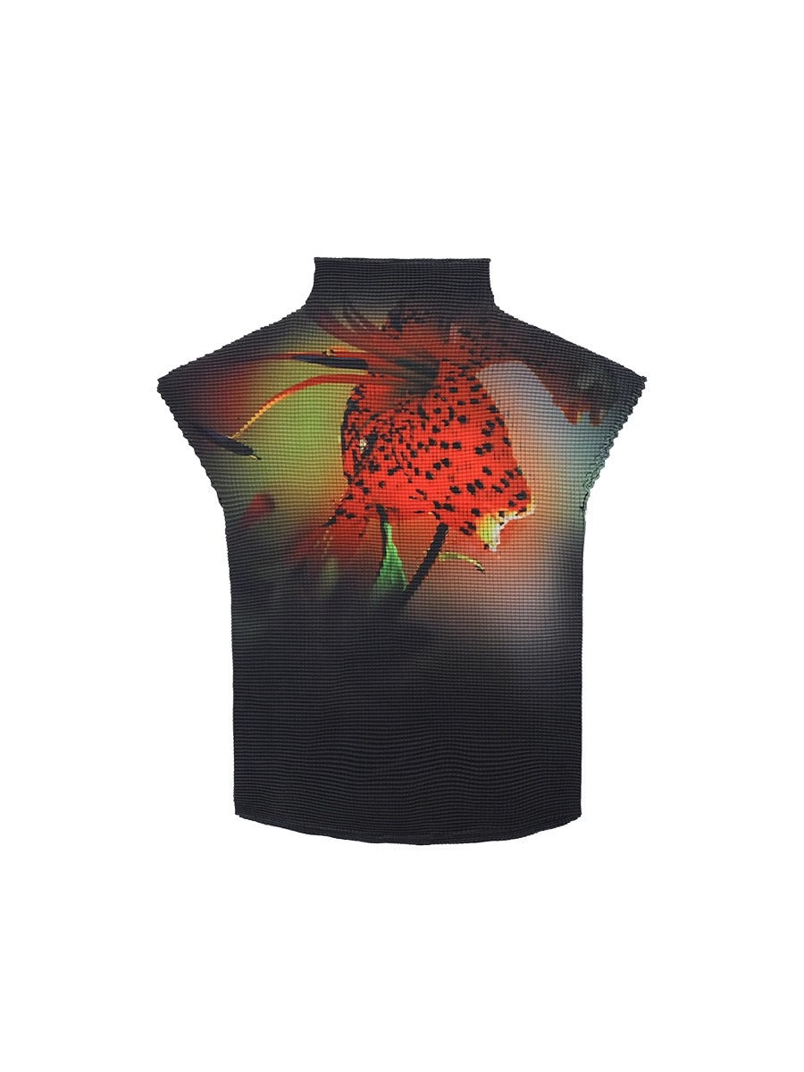 FUZZYKON | Lily Flame Grid Pleated Stretch Mock Neck T-Shirt [ID:]