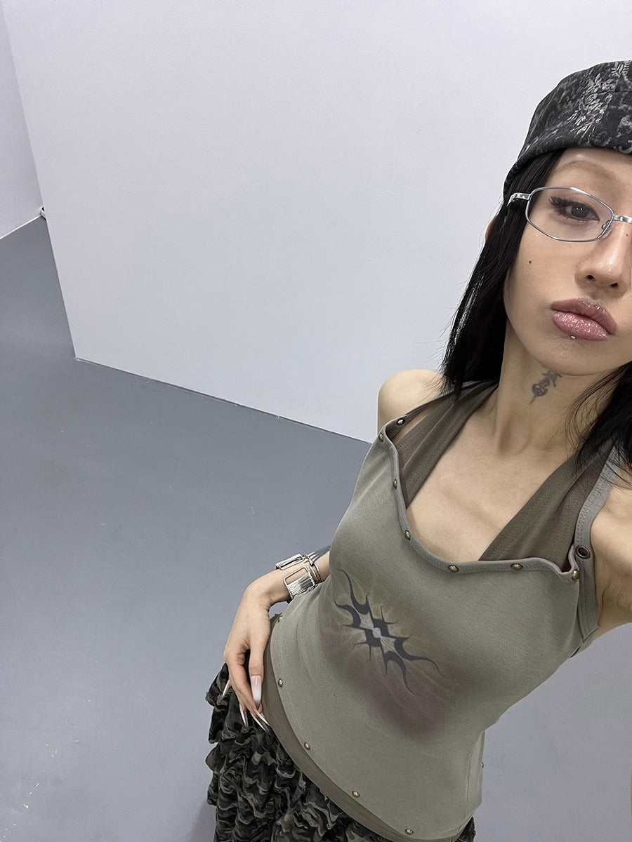 FUZZYKON | Bronze Rivet Halter Vine Layered Slim Fit Tank [ID:]