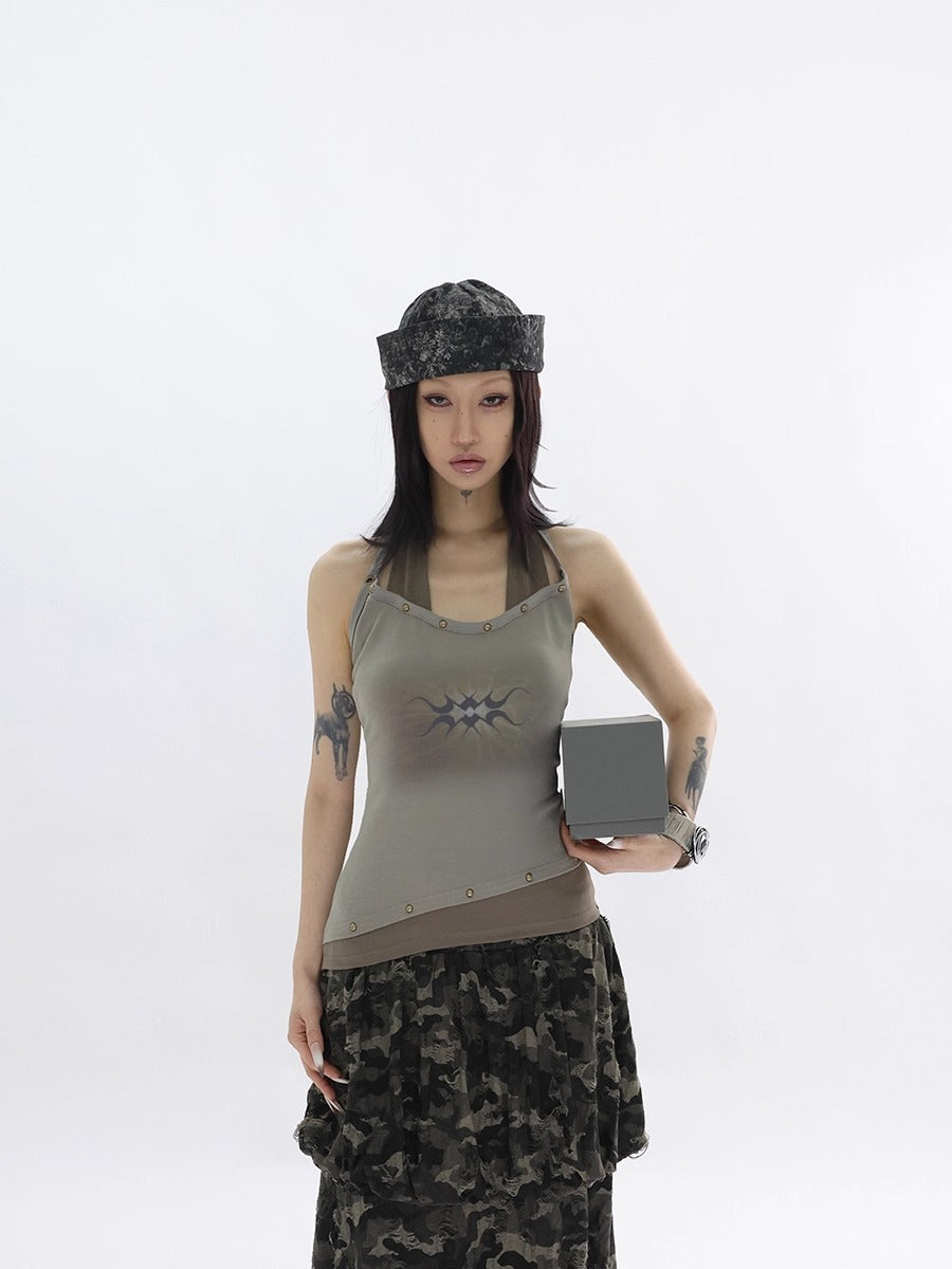 FUZZYKON | Bronze Rivet Halter Vine Layered Slim Fit Tank [ID:]