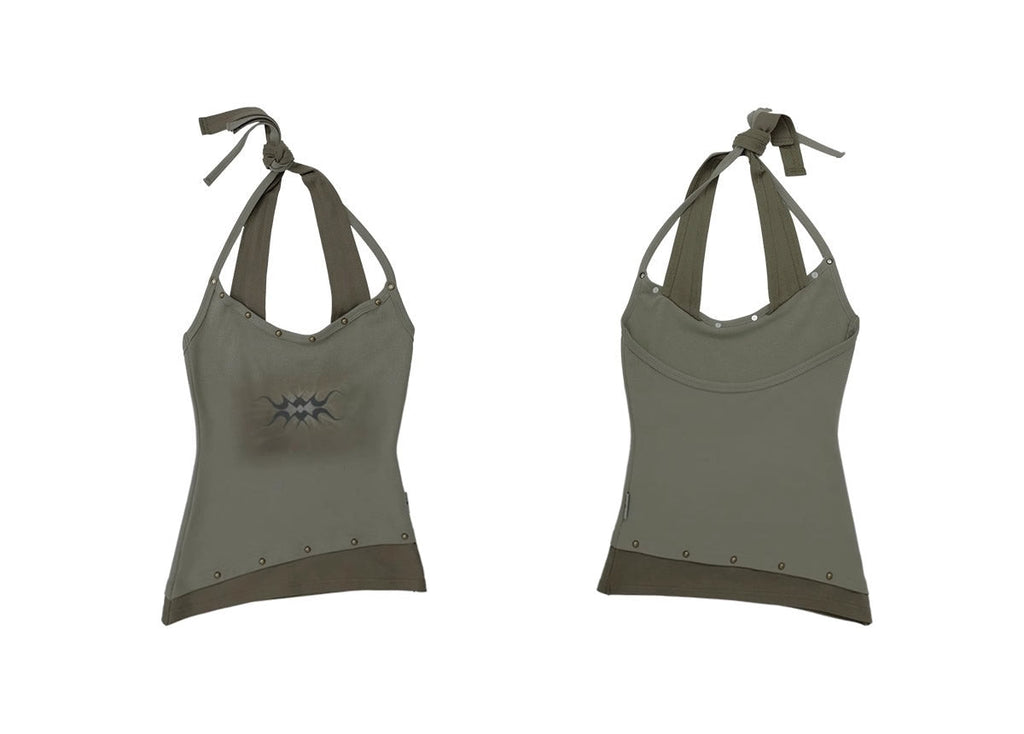 FUZZYKON | Bronze Rivet Halter Vine Layered Slim Fit Tank [ID:]