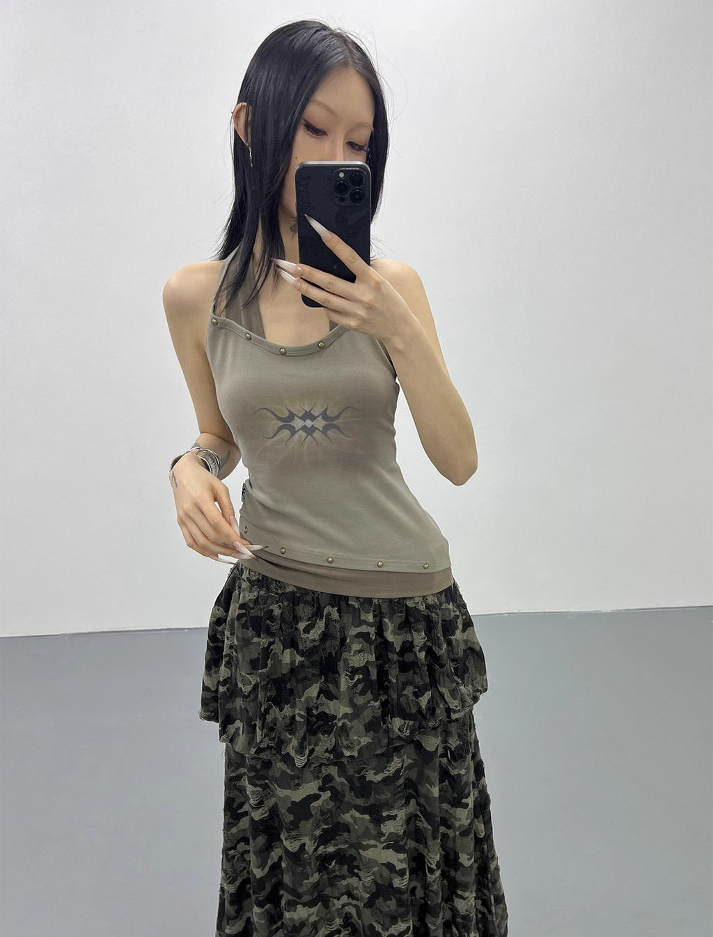 FUZZYKON | Bronze Rivet Halter Vine Layered Slim Fit Tank [ID:]