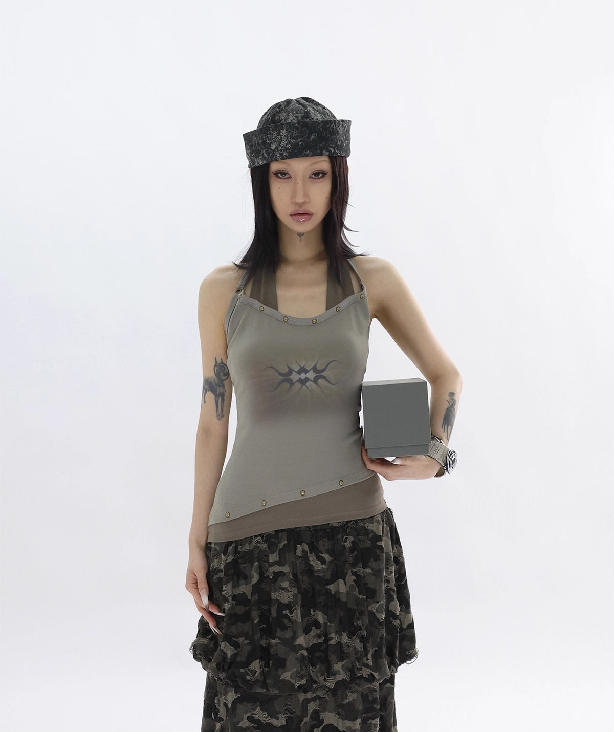 FUZZYKON | Bronze Rivet Halter Vine Layered Slim Fit Tank [ID:]