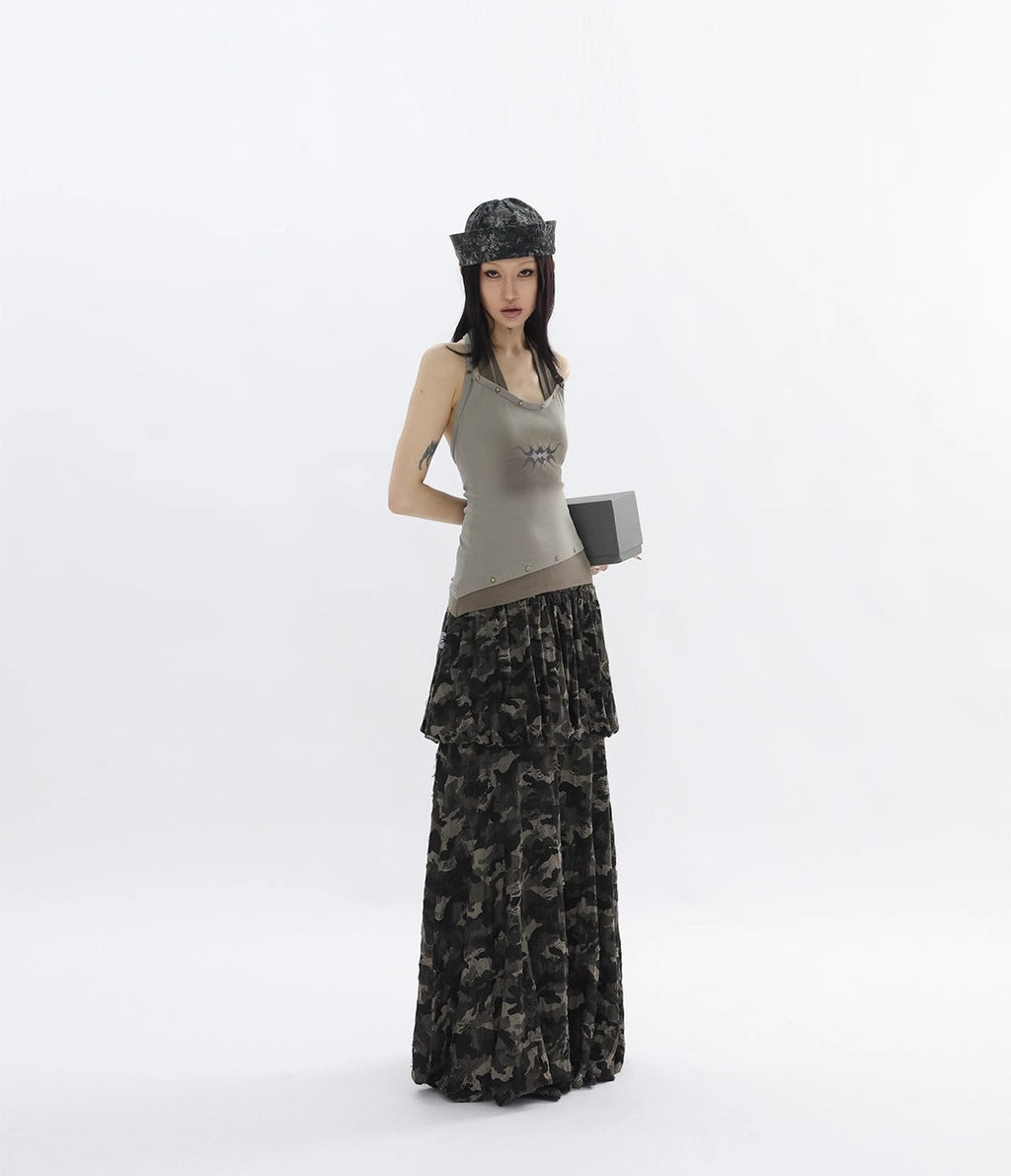 FUZZYKON | Bronze Rivet Halter Vine Layered Slim Fit Tank [ID:]