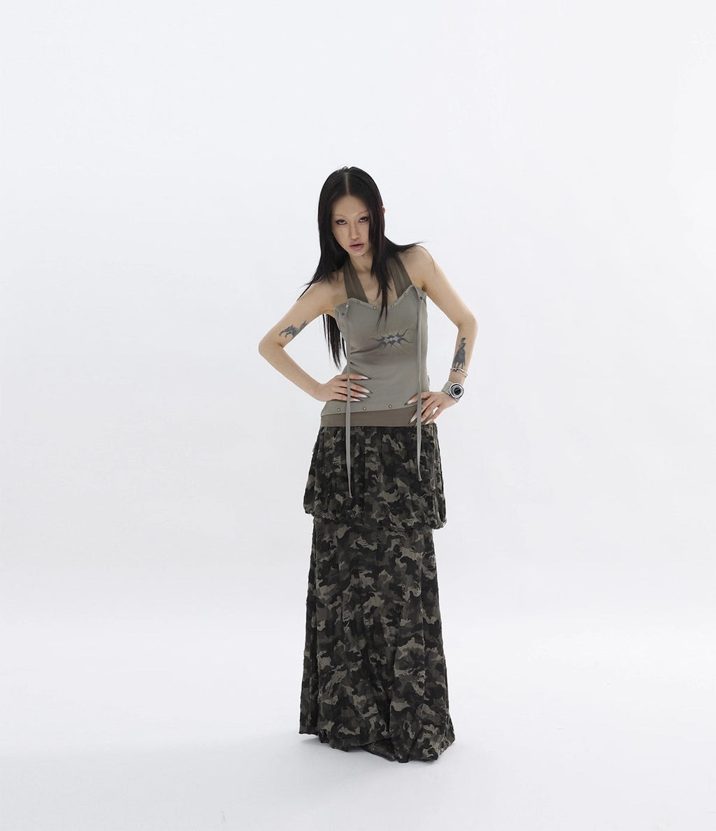 FUZZYKON | Bronze Rivet Halter Vine Layered Slim Fit Tank [ID:]