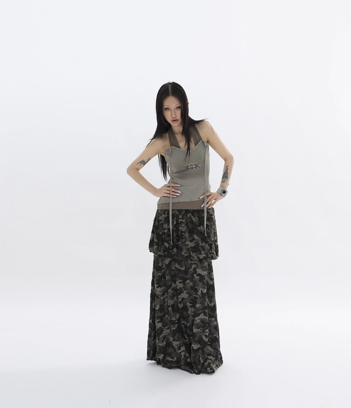 FUZZYKON | Bronze Rivet Halter Vine Layered Slim Fit Tank [ID:]