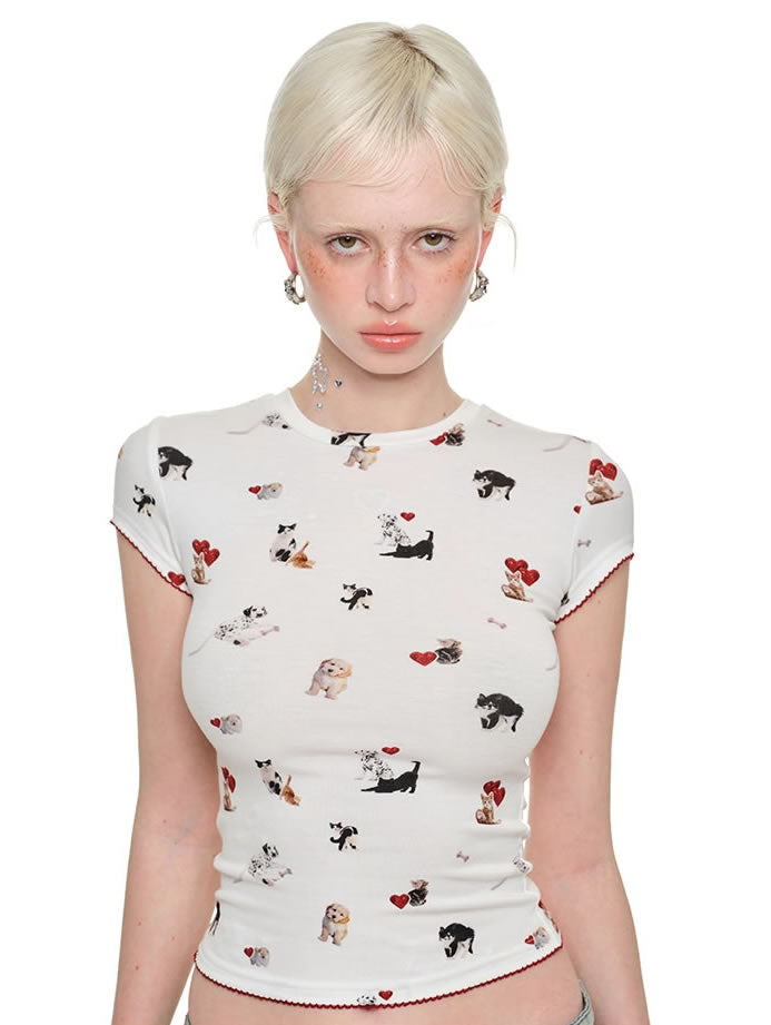 1JINN STUDIO
 | Cartoon Animal Graphic Stretch Slim Fit Crop T-Shirt [ID:]