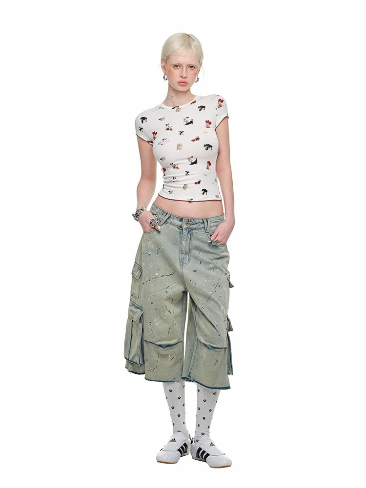 1JINN STUDIO
 | Cartoon Animal Graphic Stretch Slim Fit Crop T-Shirt [ID:]