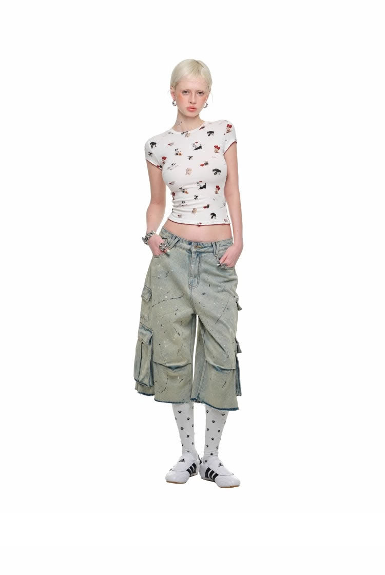 1JINN STUDIO
 | Cartoon Animal Graphic Stretch Slim Fit Crop T-Shirt [ID:]