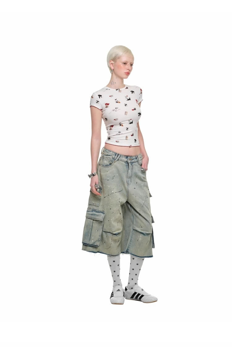 1JINN STUDIO
 | Cartoon Animal Graphic Stretch Slim Fit Crop T-Shirt [ID:]