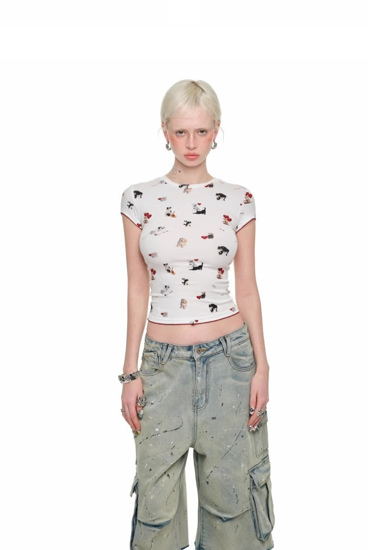 1JINN STUDIO
 | Cartoon Animal Graphic Stretch Slim Fit Crop T-Shirt [ID:]