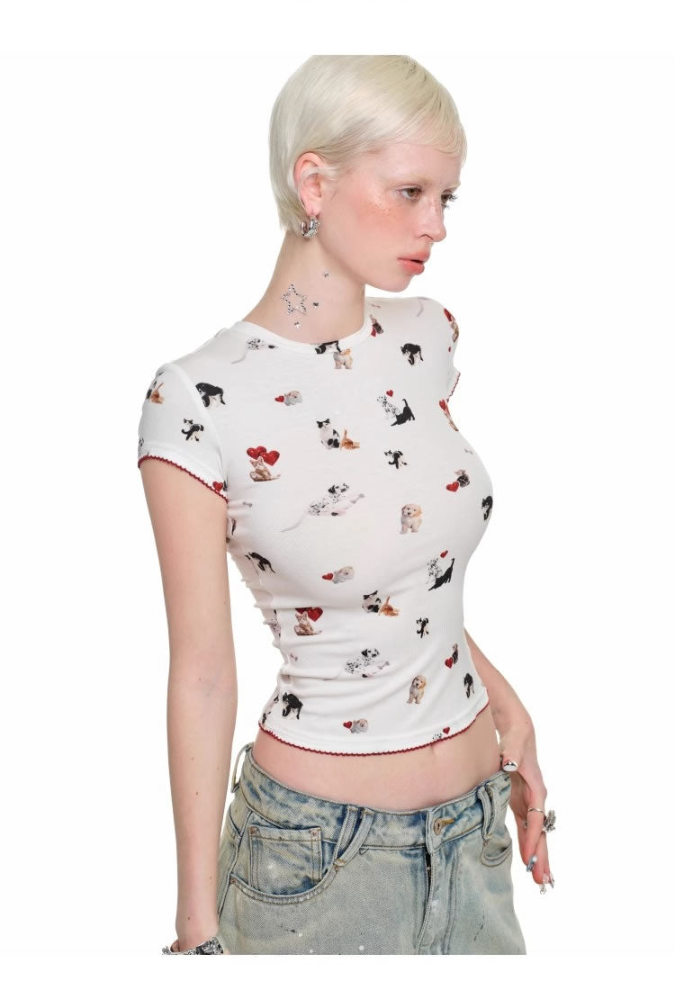 1JINN STUDIO
 | Cartoon Animal Graphic Stretch Slim Fit Crop T-Shirt [ID:]