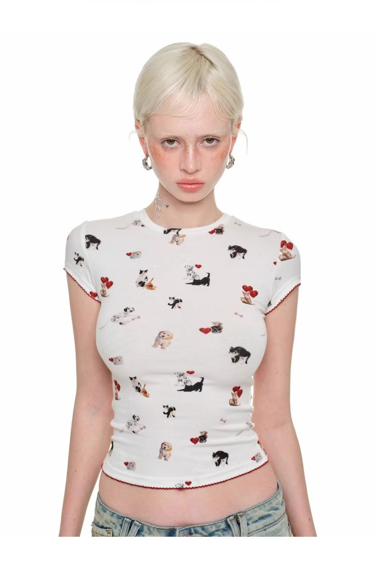 1JINN STUDIO
 | Cartoon Animal Graphic Stretch Slim Fit Crop T-Shirt [ID:]