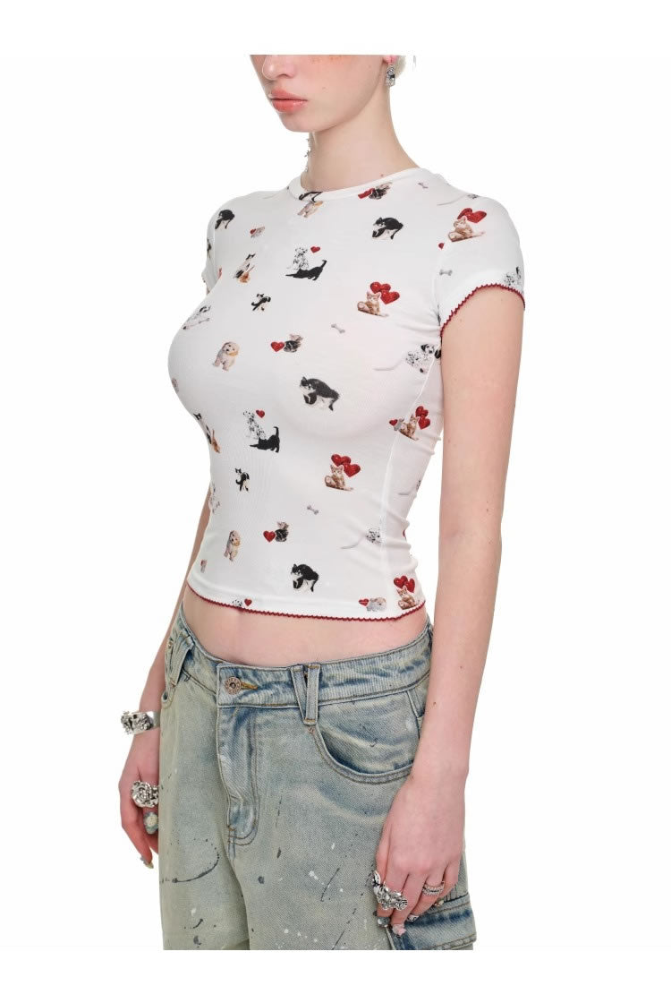 1JINN STUDIO
 | Cartoon Animal Graphic Stretch Slim Fit Crop T-Shirt [ID:]