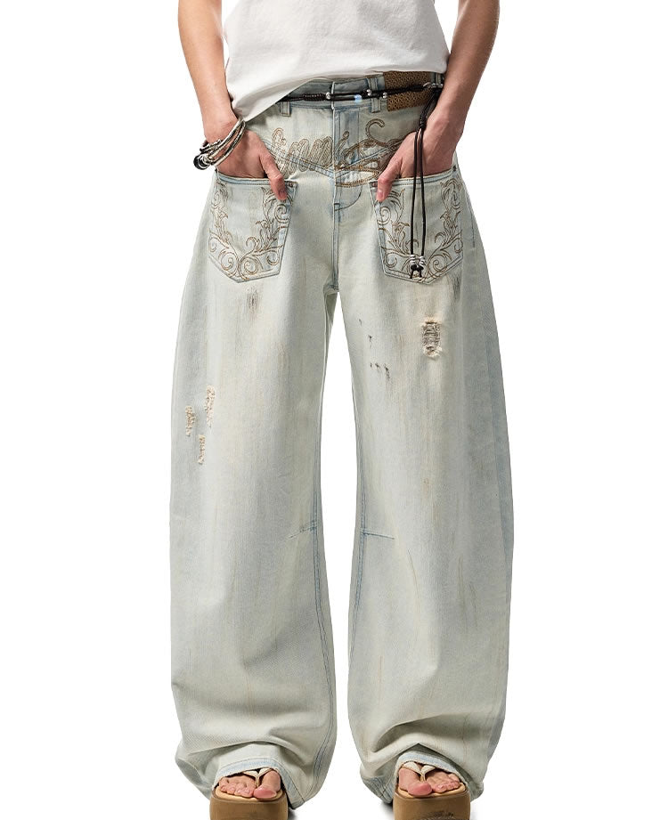 1JINN STUDIO | Washed Low Rise Banana Cut Wide Leg Denim Pants [ID:]