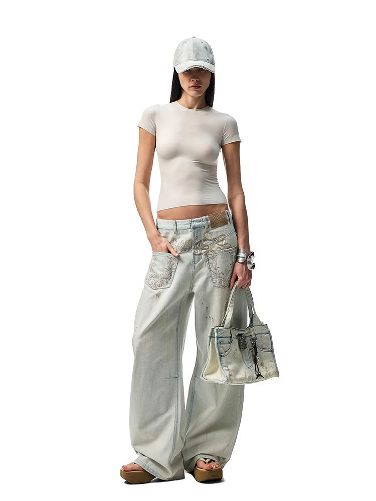 1JINN STUDIO | Washed Low Rise Banana Cut Wide Leg Denim Pants [ID:]