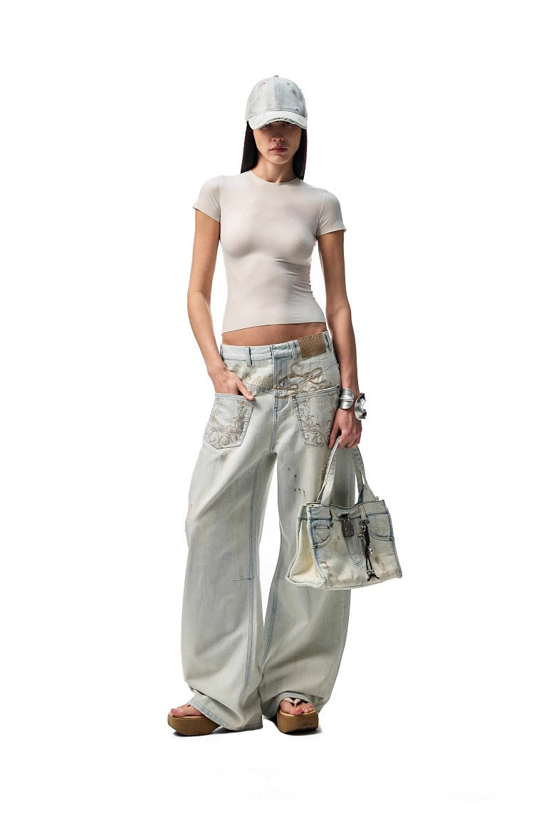 1JINN STUDIO | Washed Low Rise Banana Cut Wide Leg Denim Pants [ID:]