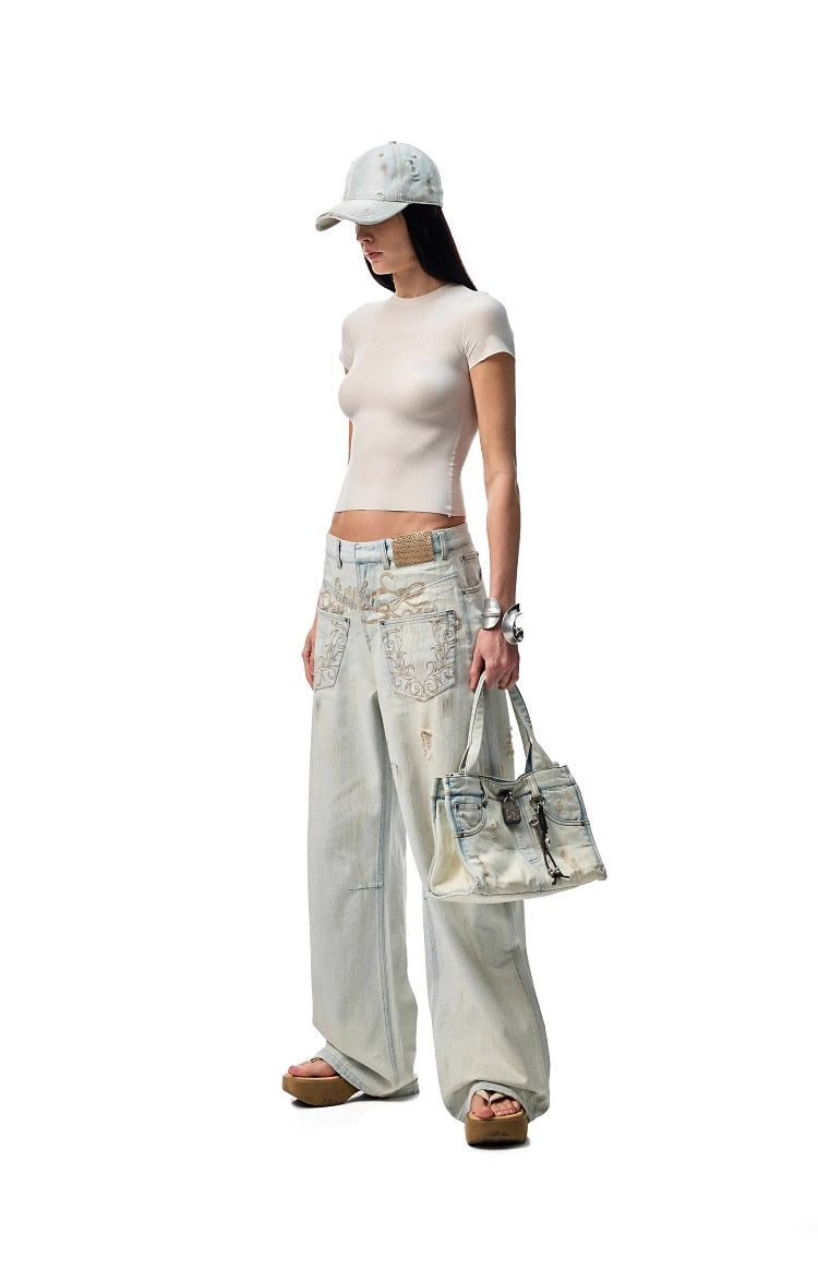 1JINN STUDIO | Washed Low Rise Banana Cut Wide Leg Denim Pants [ID:]